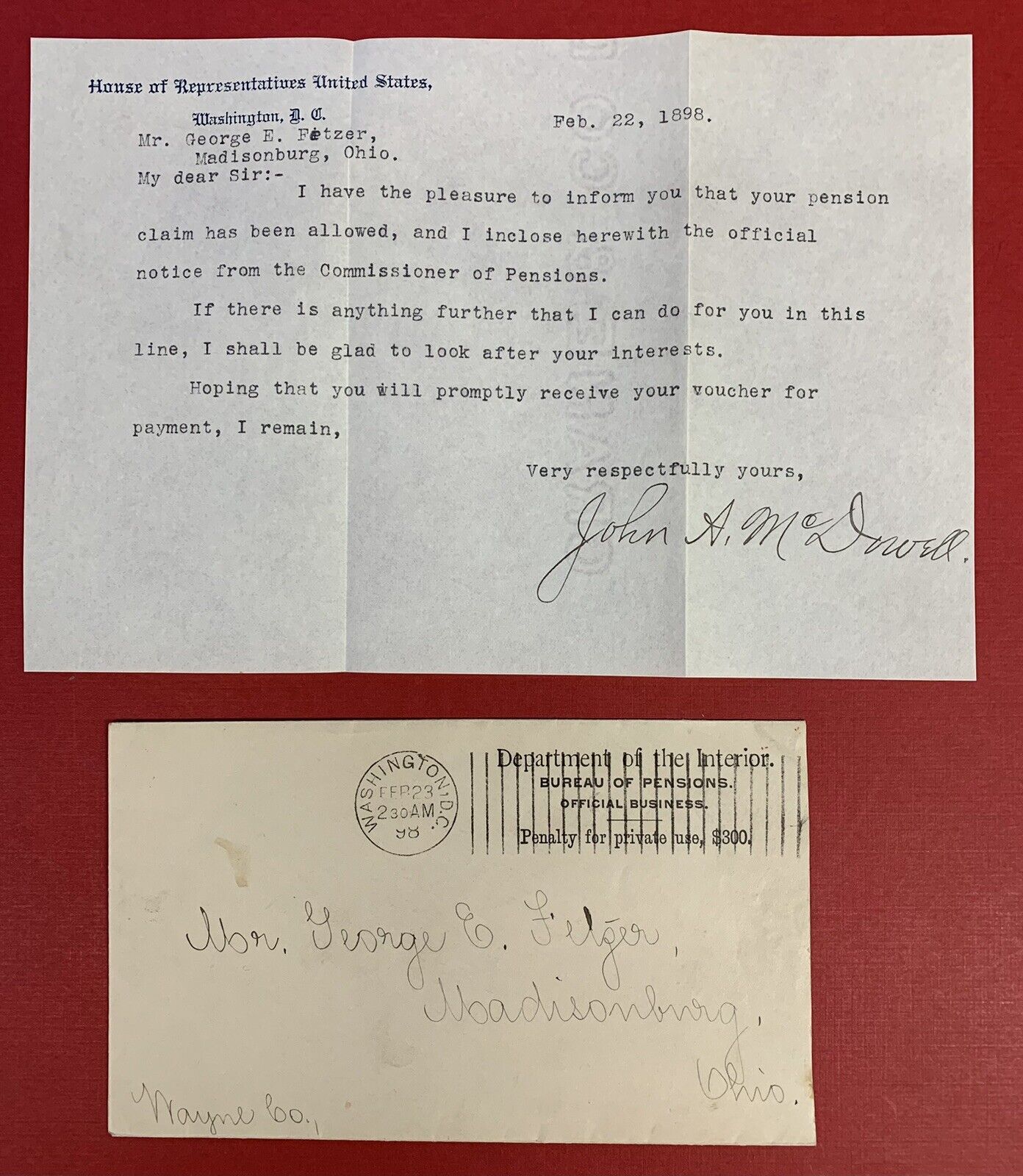 Congressman John A. McDowell of Ohio, 1898 Signed Letter