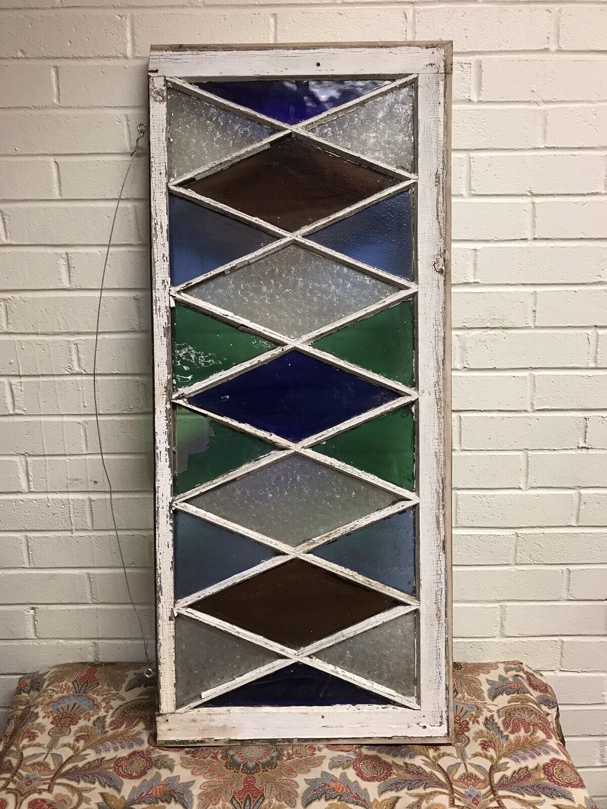 ANTIQUE VTG STAINED GLASS WINDOW WITH BROKEN PANE 39 3/4 X 17 1/4 X 1/1/2” AS IS