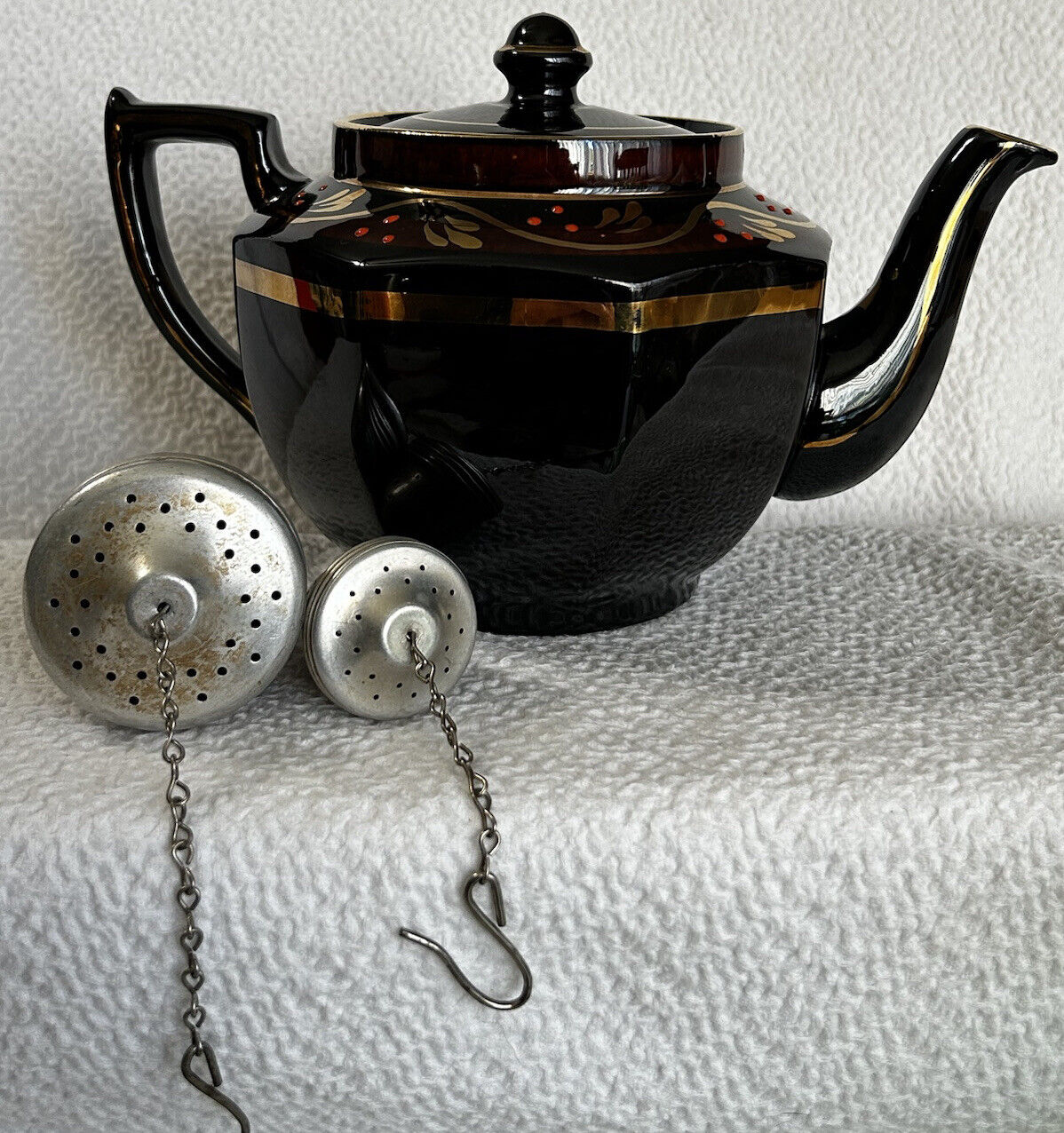 Vintage Price Bros. Tea Pot & Two Tea Seepers Handpainted Brown & Gold VGUC