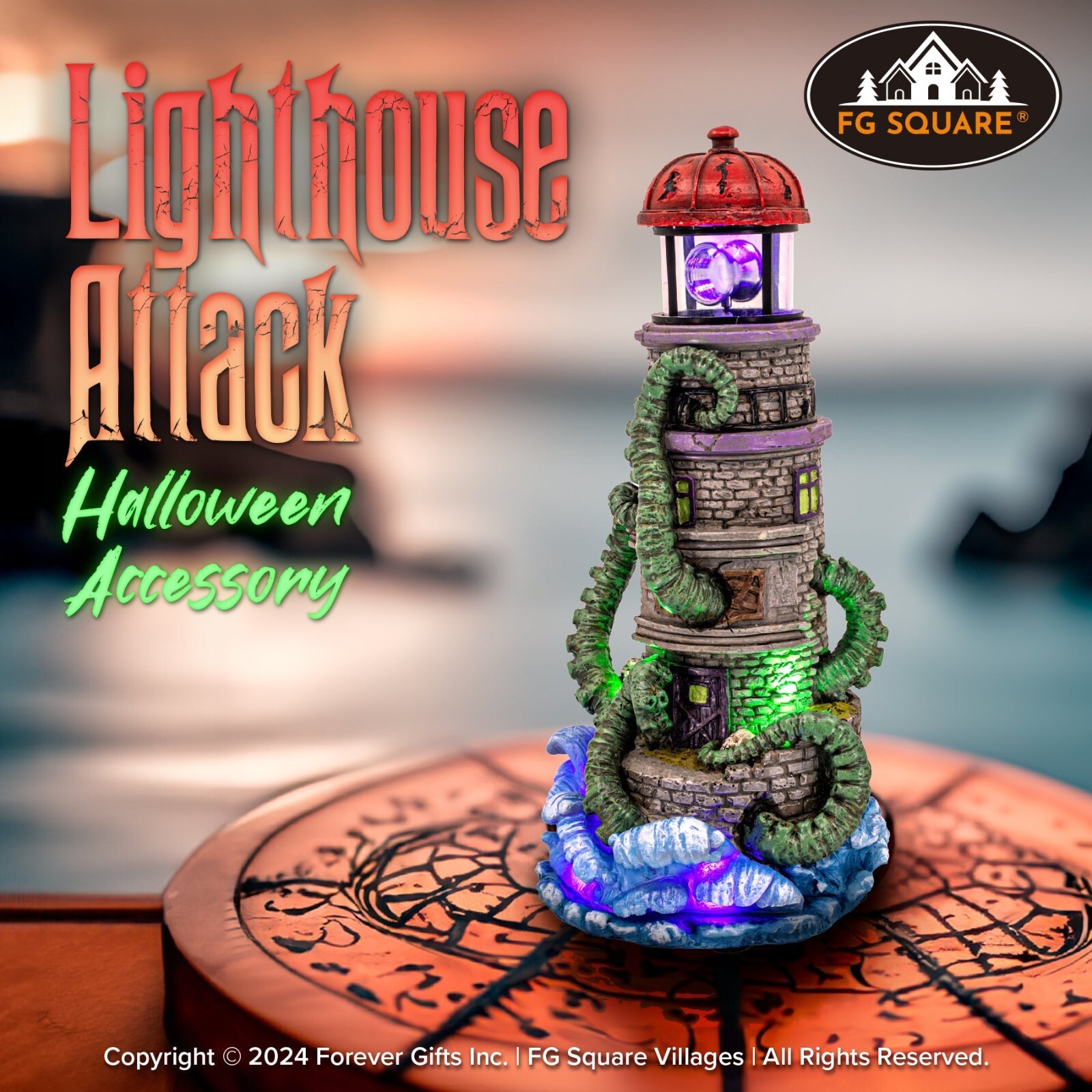 FG Square Lighthouse Attack Kraken Theme Spooky Halloween Village Decor 6x6x12
