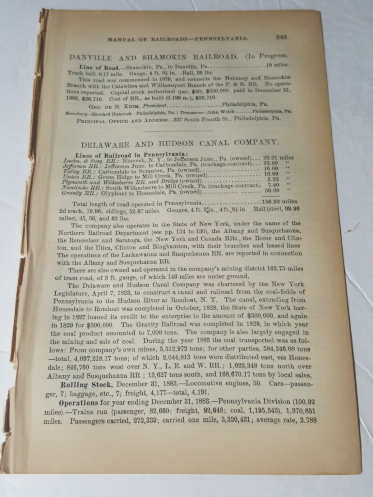 1884 train document Delaware & Hudson Canal Company annual report good info