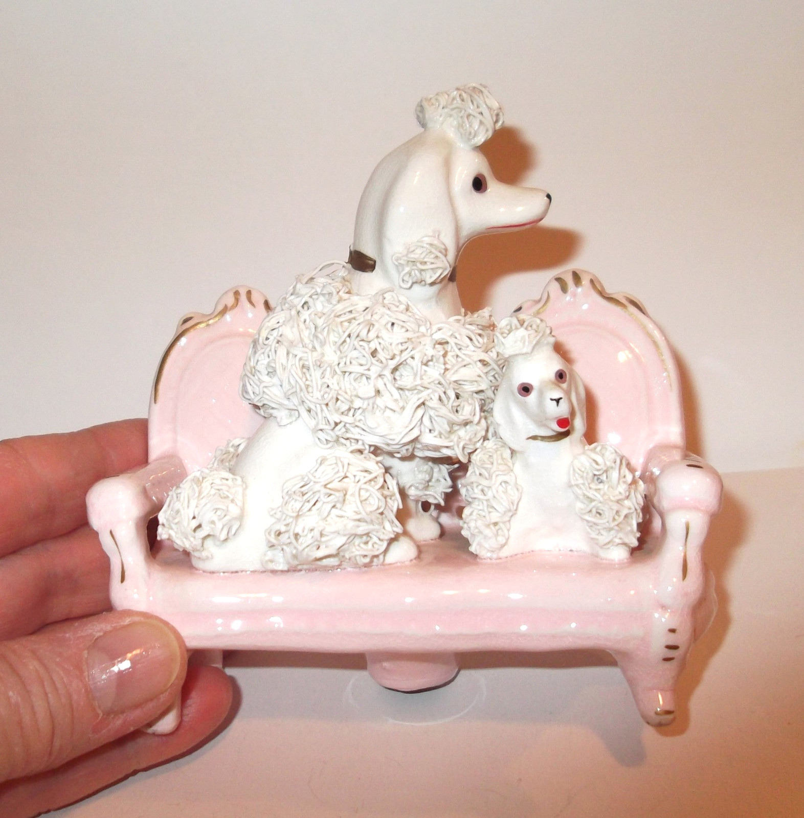 Charming VTG Japan White Ceramic Spaghetti Poodle Figurines on Pink Loveseat