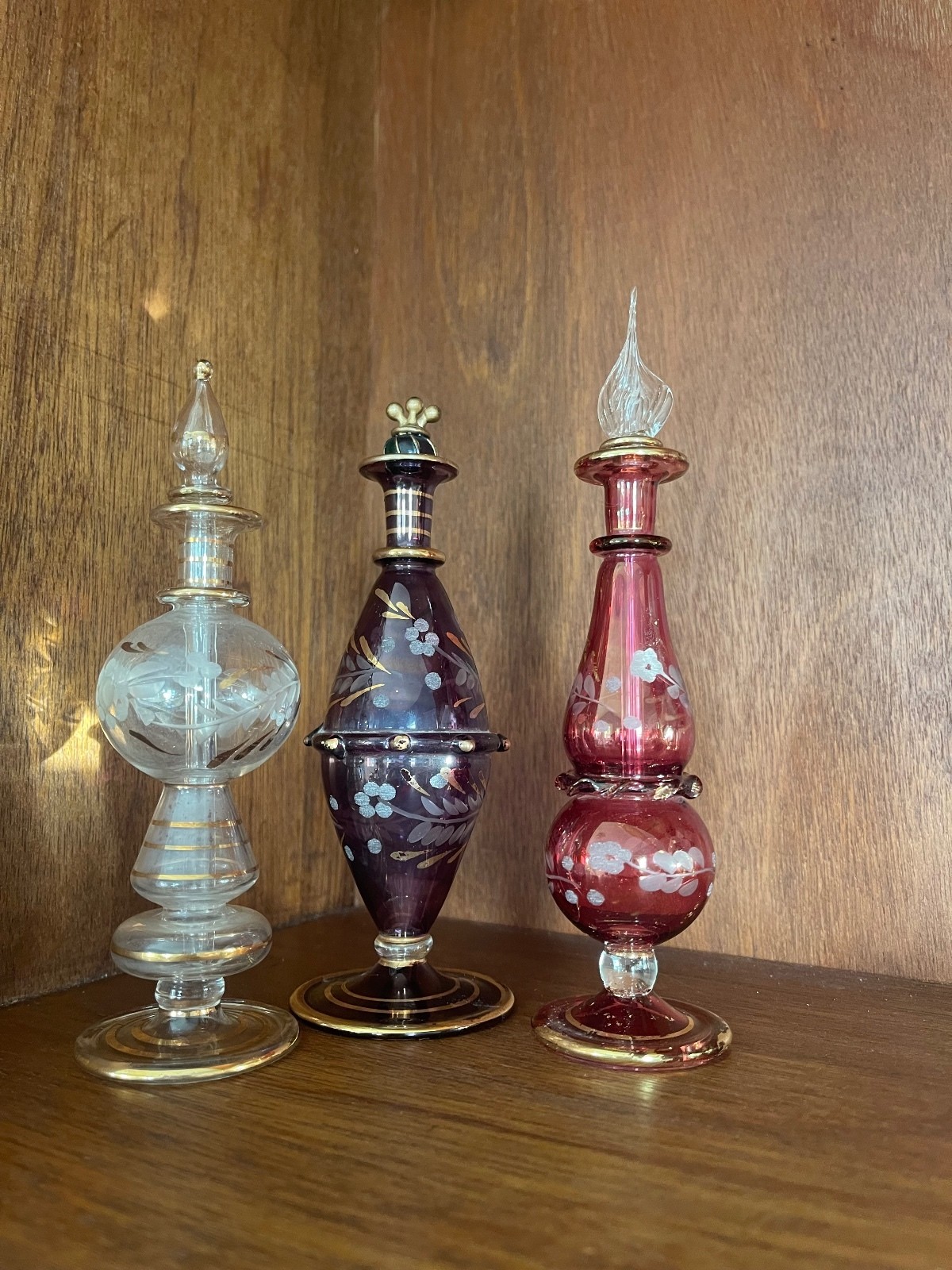 Set of 3 Antique Hand-Painted Art Glass Perfume Bottles Purple, Pink, Clear Gold