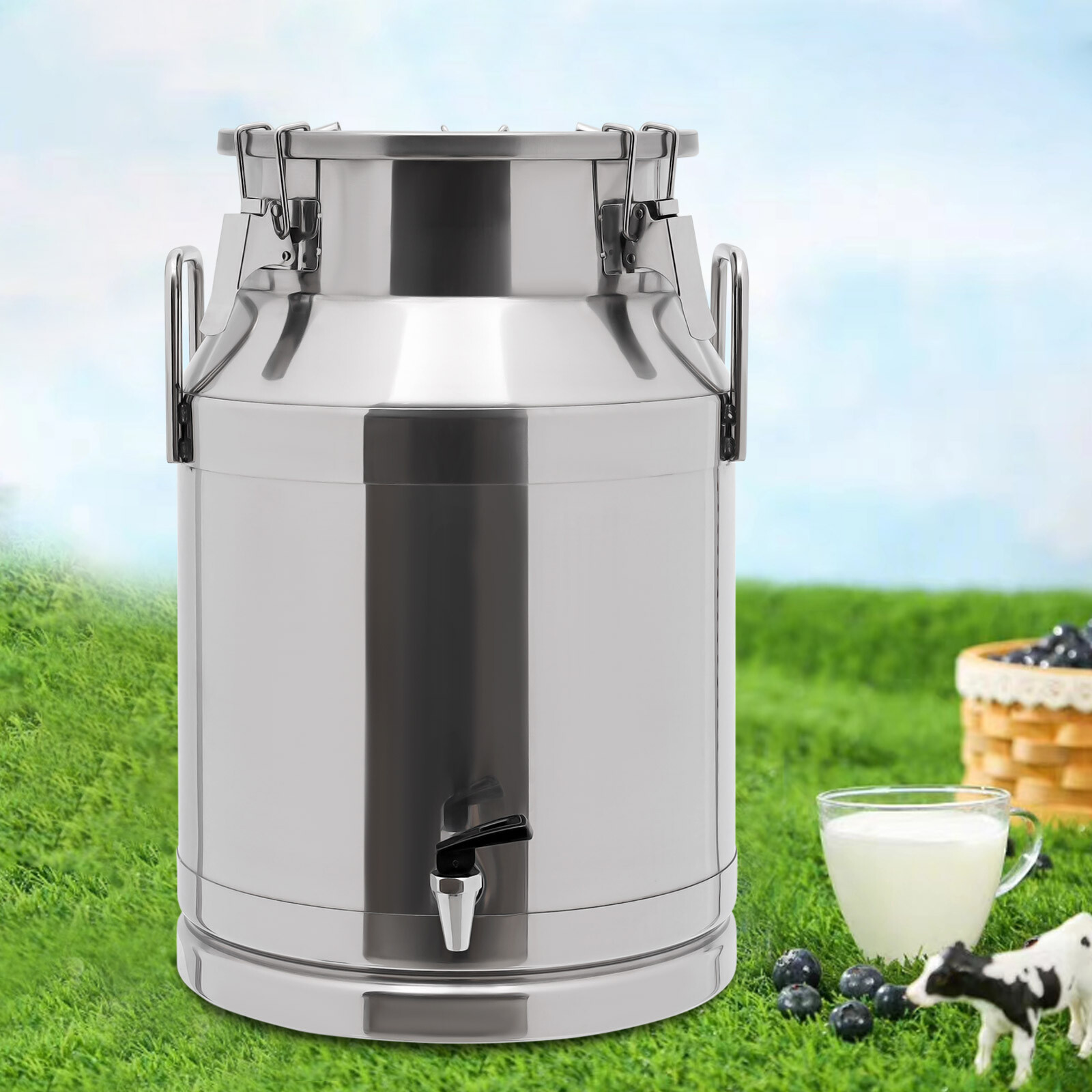 60L Stainless Steel Milk Can Oil Pail Storage Bucket Wine Barrel Canister+Faucet