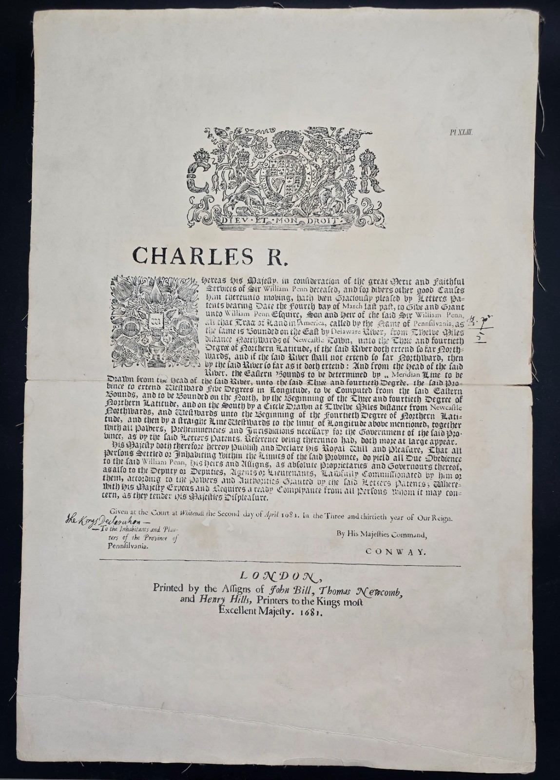 Atq William Penn 1681 Pennsylvania Broadside Facsimile Plate XLIII c.1880-1900