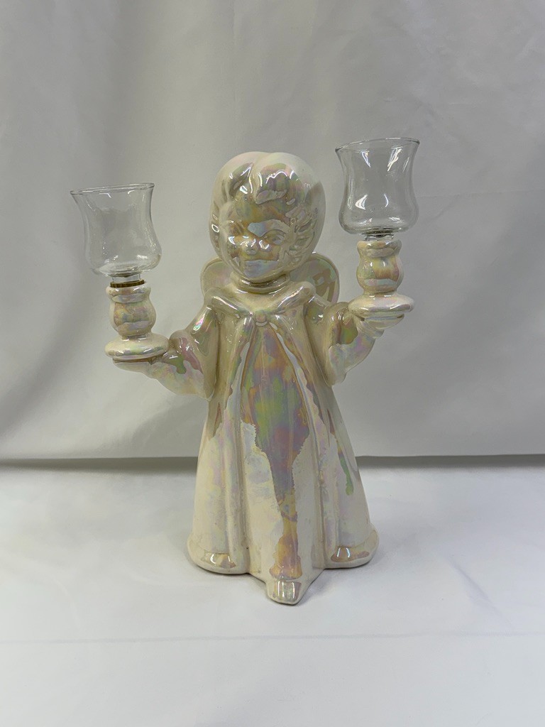 Vintage 1985 Ceramic Iridescent Pearl Angel Candelabra Hurricane Lamps