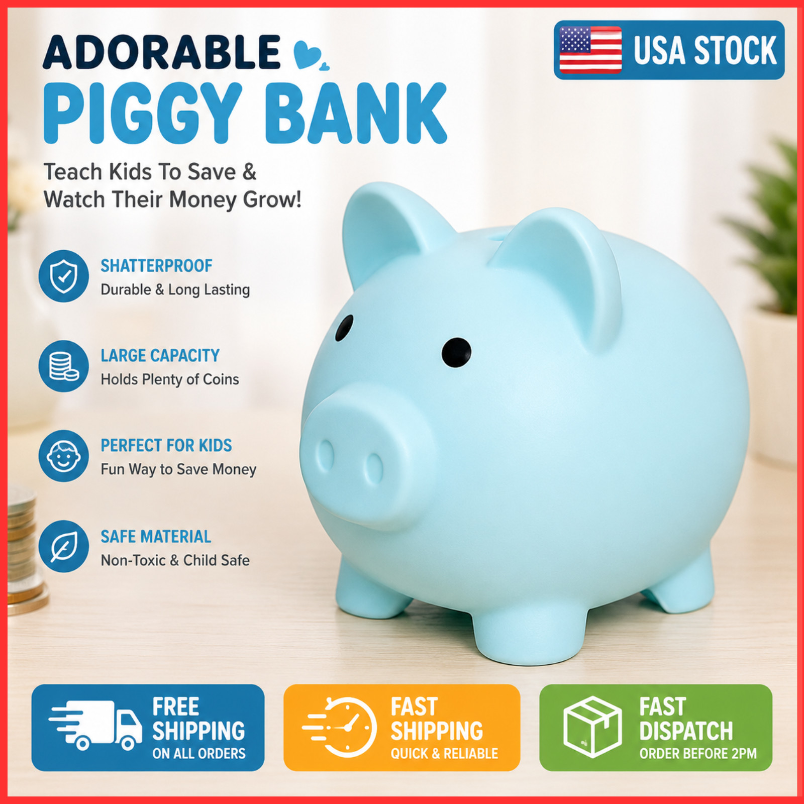 Piggy Bank, Coin Bank for Boys and Girls, Children\'s Plastic Shatterproof Money