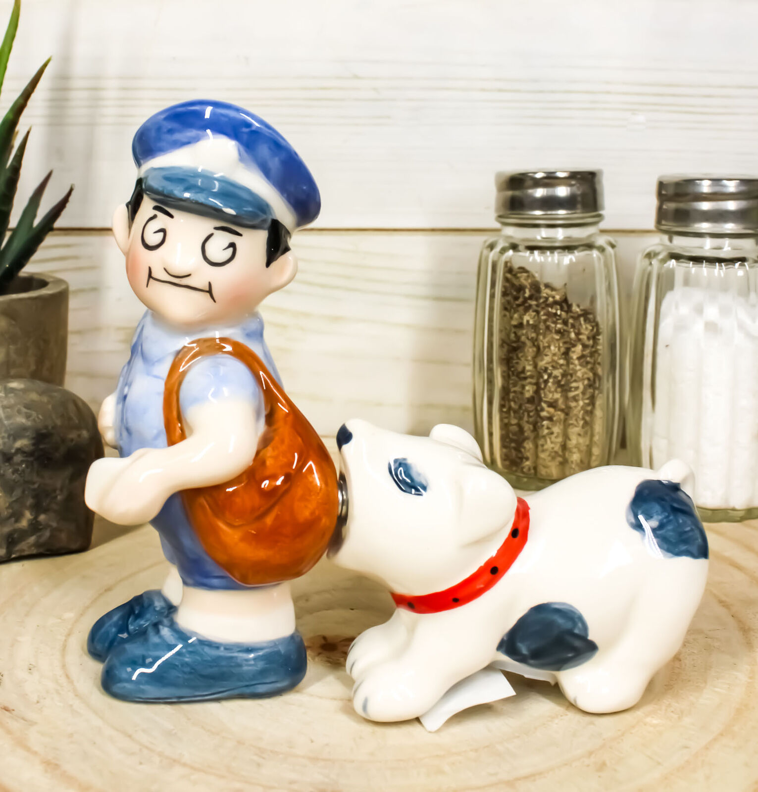 Ceramic Postman With Mail Thief Tramp Dog Salt And Pepper Shakers Figurine Set