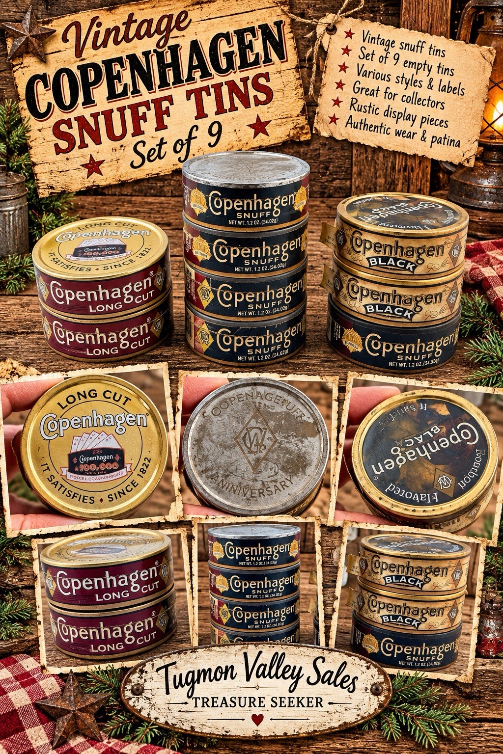 Vintage Copenhagen Tobacco Tin Lot of 9 Empty Snuff Long Cut Black Collectible