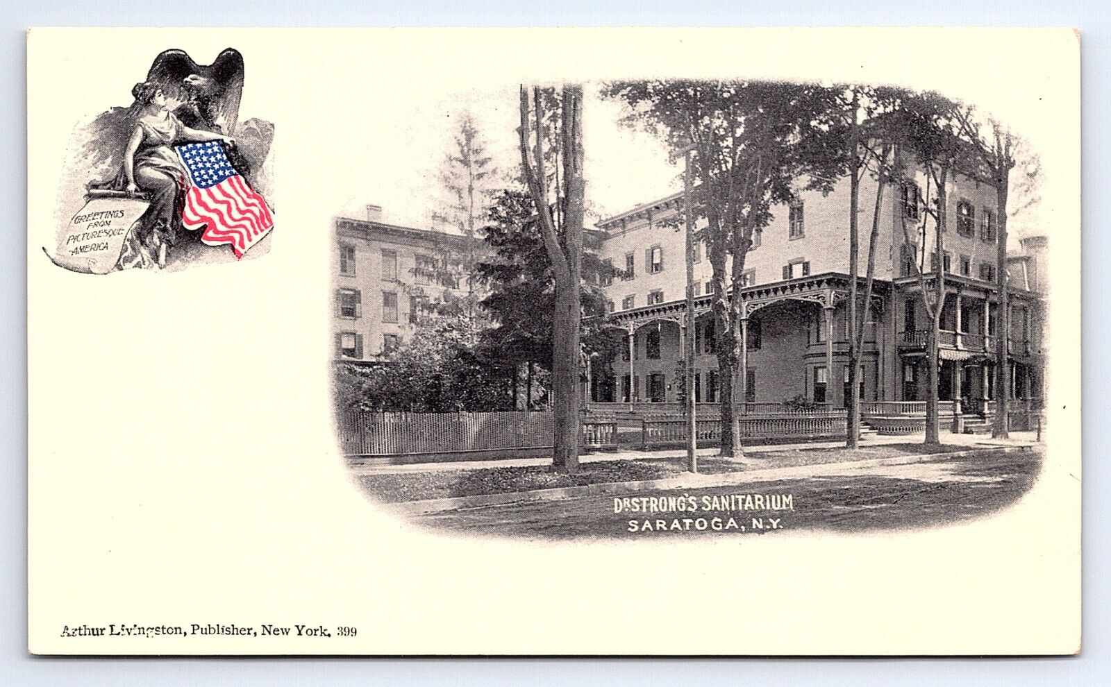 Postcard Dr. Strong's Sanitarium Saratoga NY Greetings Picturesque America 1890s