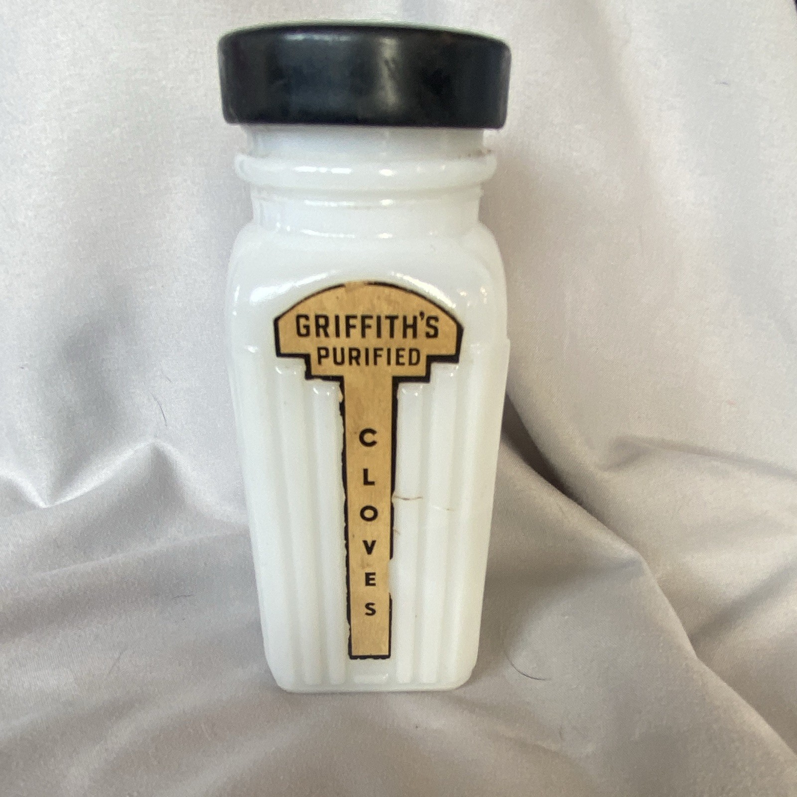 Griffith's Purified Cloves Milk Glass Spice Jar w/ Black Lid 1 1/2 oz Vintage