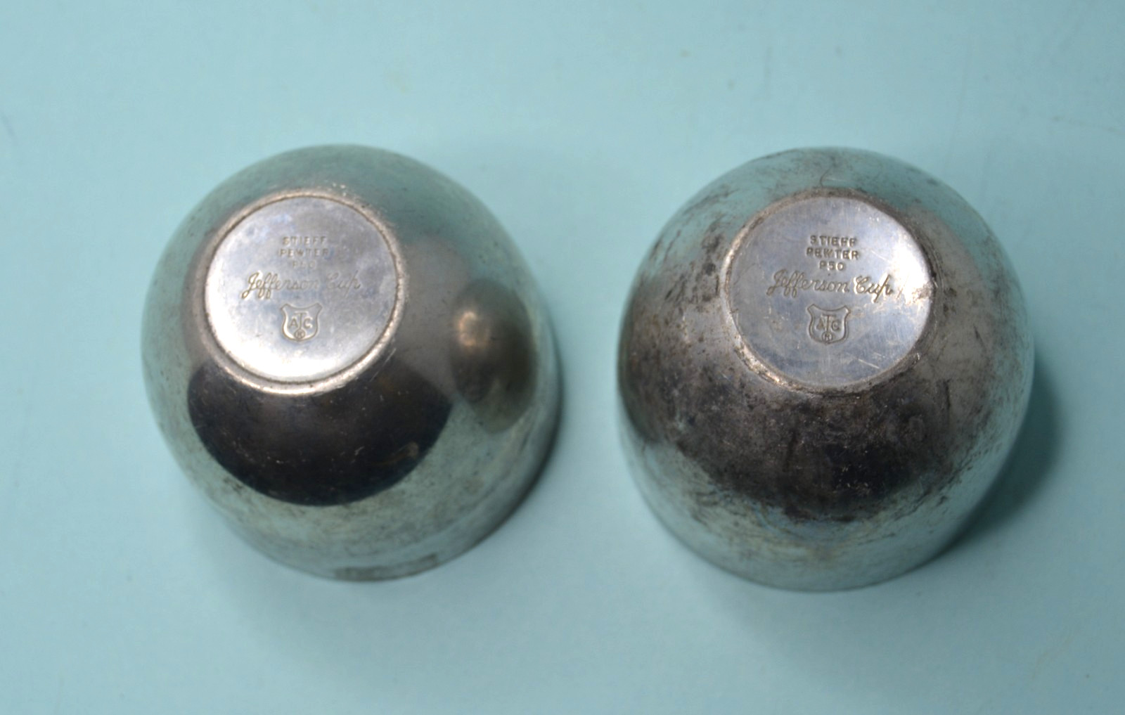TWO Vintage Stieff Jefferson P50 Cups Pewter TARNISHED SCRATCHED