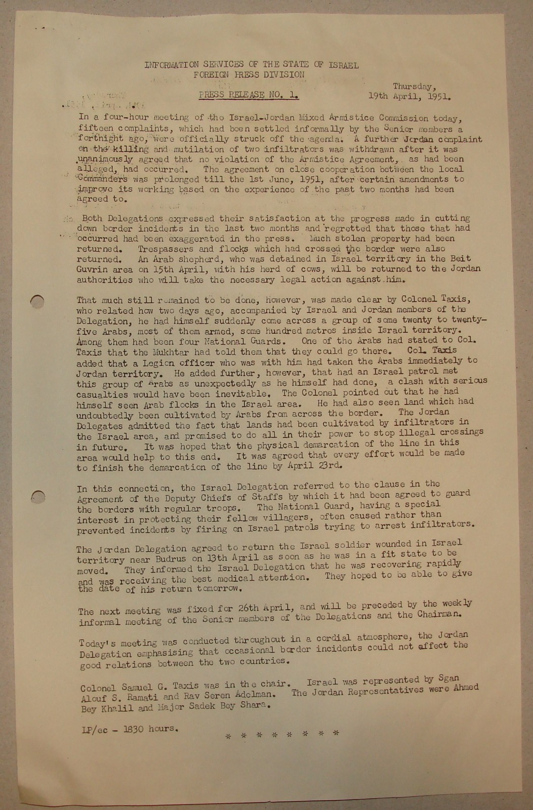 Jewish 1951 Israel Hebrew Press Release Jordan War Armistice Delegation