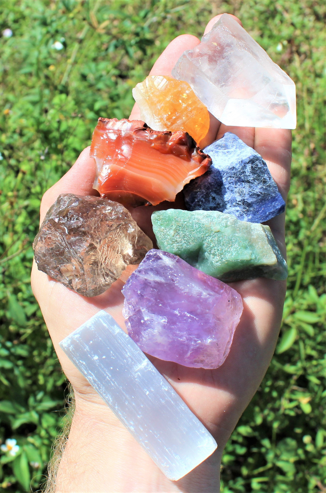 LARGE 7 Chakra Rough Stone Set - Seven Raw Stones, Selenite Stick & Directions