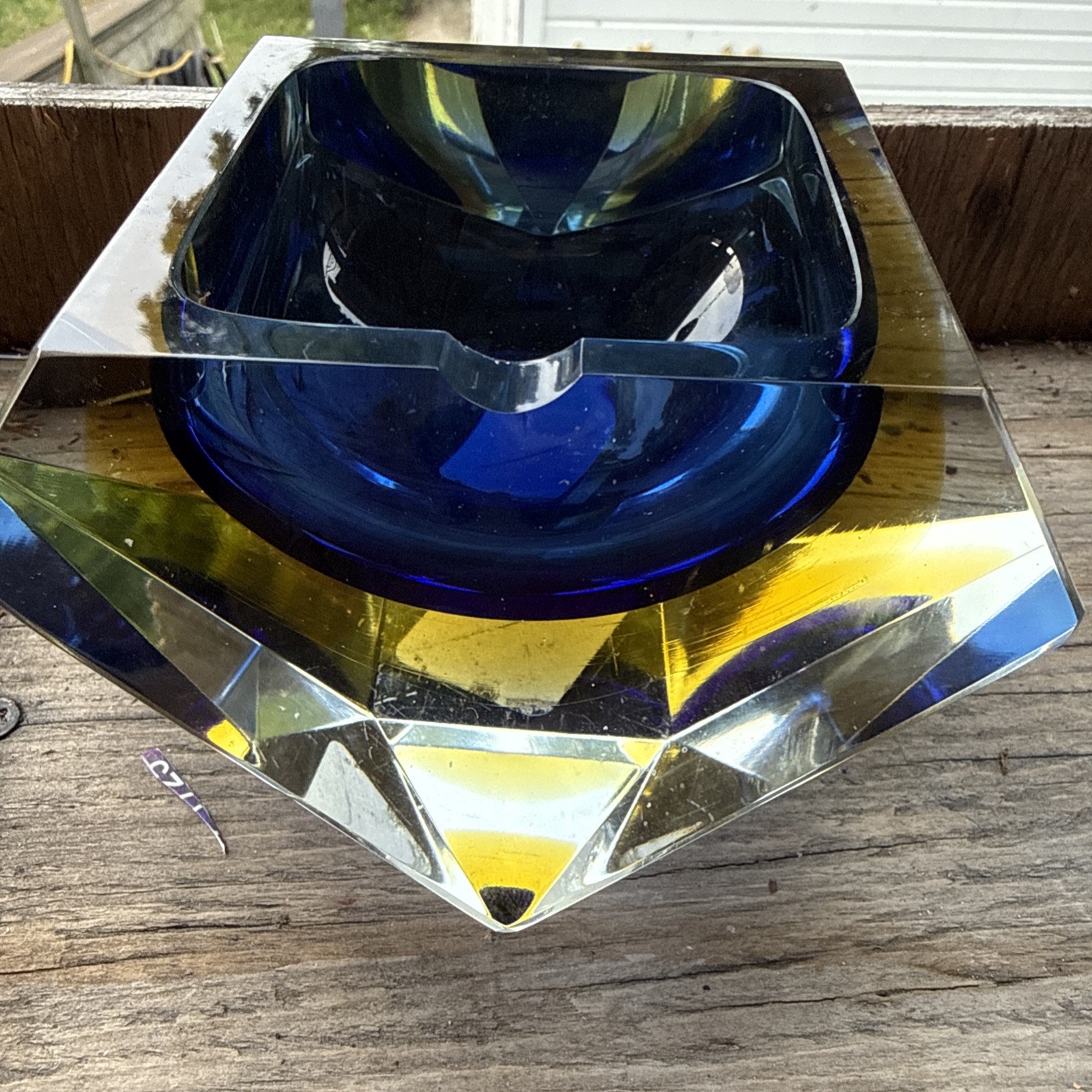 VTG Murano Glass Sommerso Ashtray Mandruzzato cobalt and yellow faceted 