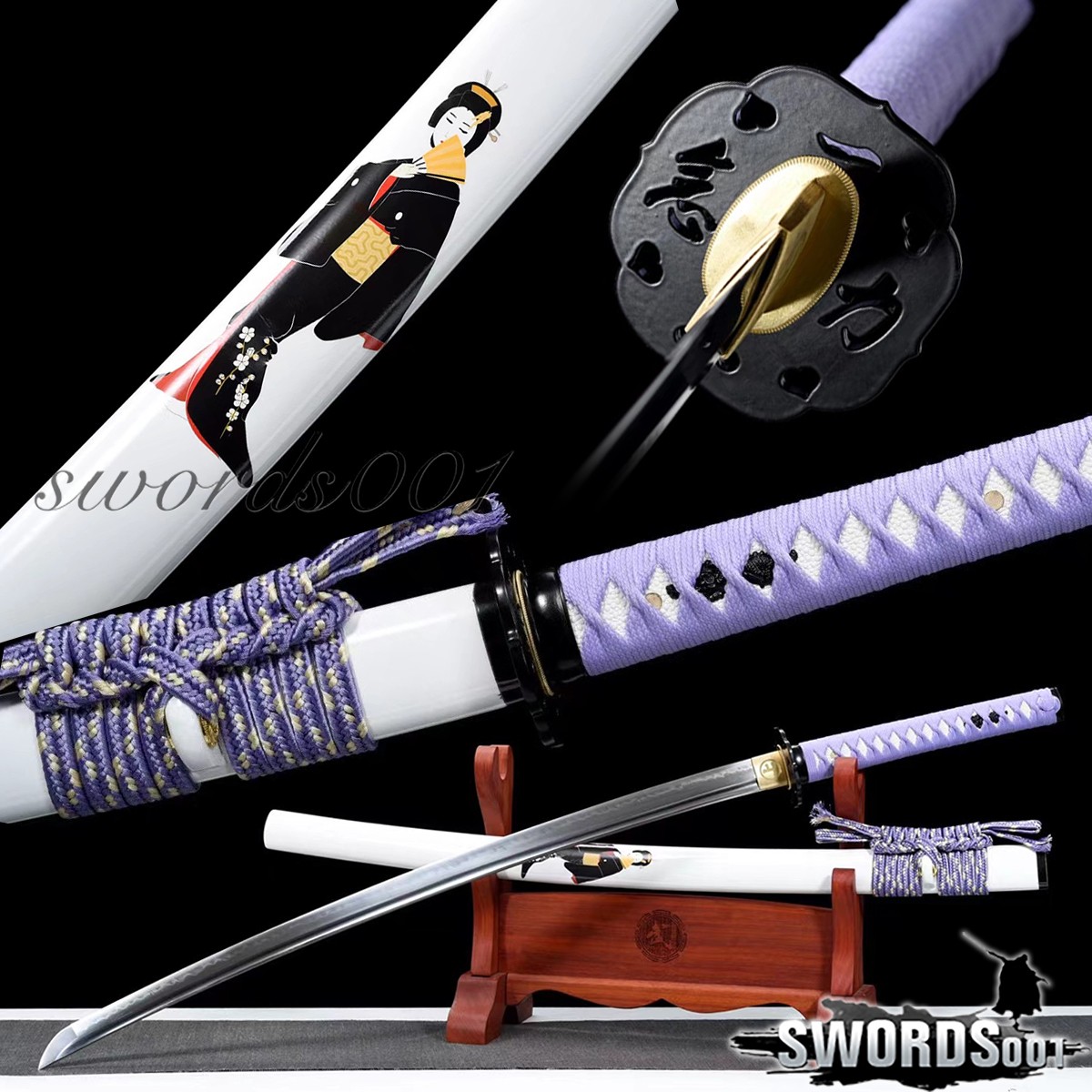 Elegant Purple Japanese Katana Sword T10 Steel Clay Tempering Geisha Scabbard