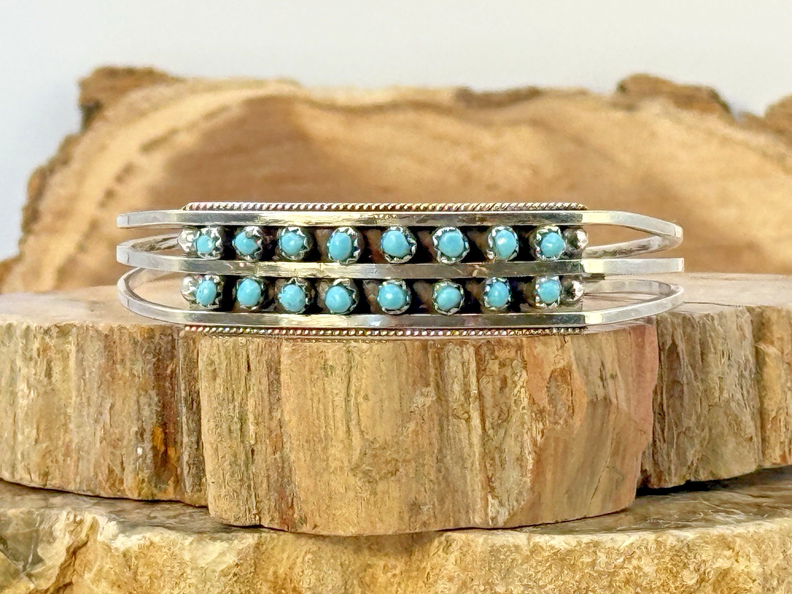 Native Zuni Sterling Silver Snake Eye Two Row Cuff Bracelet signed AL--867.26