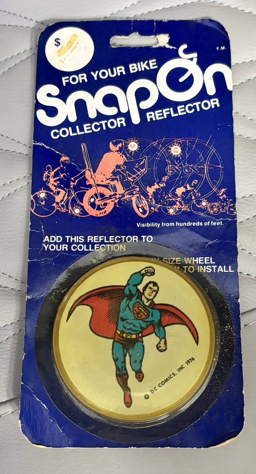 Vintage rare Collector Reflector SnapOn Bike Safety 1976 Superman carded MIP NEW