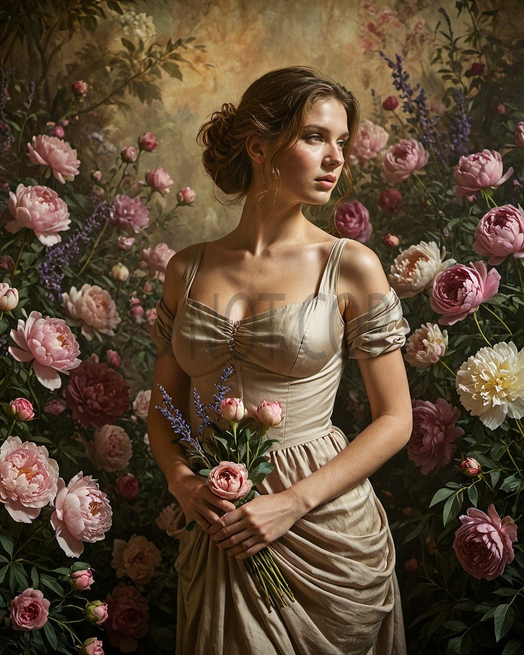 Elegant Woman Pink Peonies Garden Romantic Victorian Style Fantasy Art Print Elegant Woman Pink Peonies Garden Romantic Victorian Style Fantasy Art Print