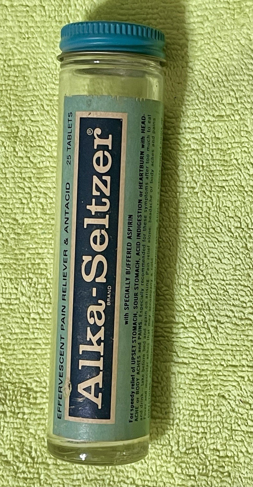 Vintage Alka-Seltzer Glass Bottle 25-Tablet Tube With Tin Cap