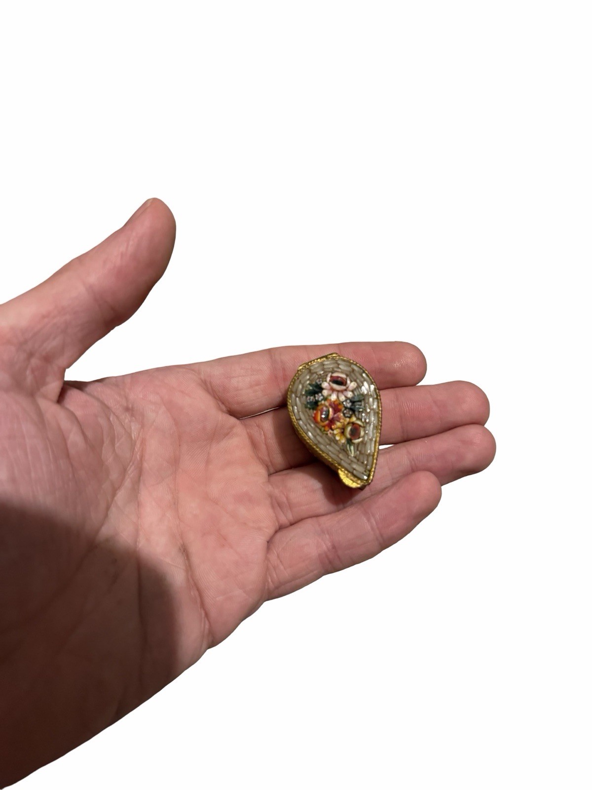 Vintage Italian Micro Mosaic Pill Box Miniature Oval Brass Floral Souvenir Italy