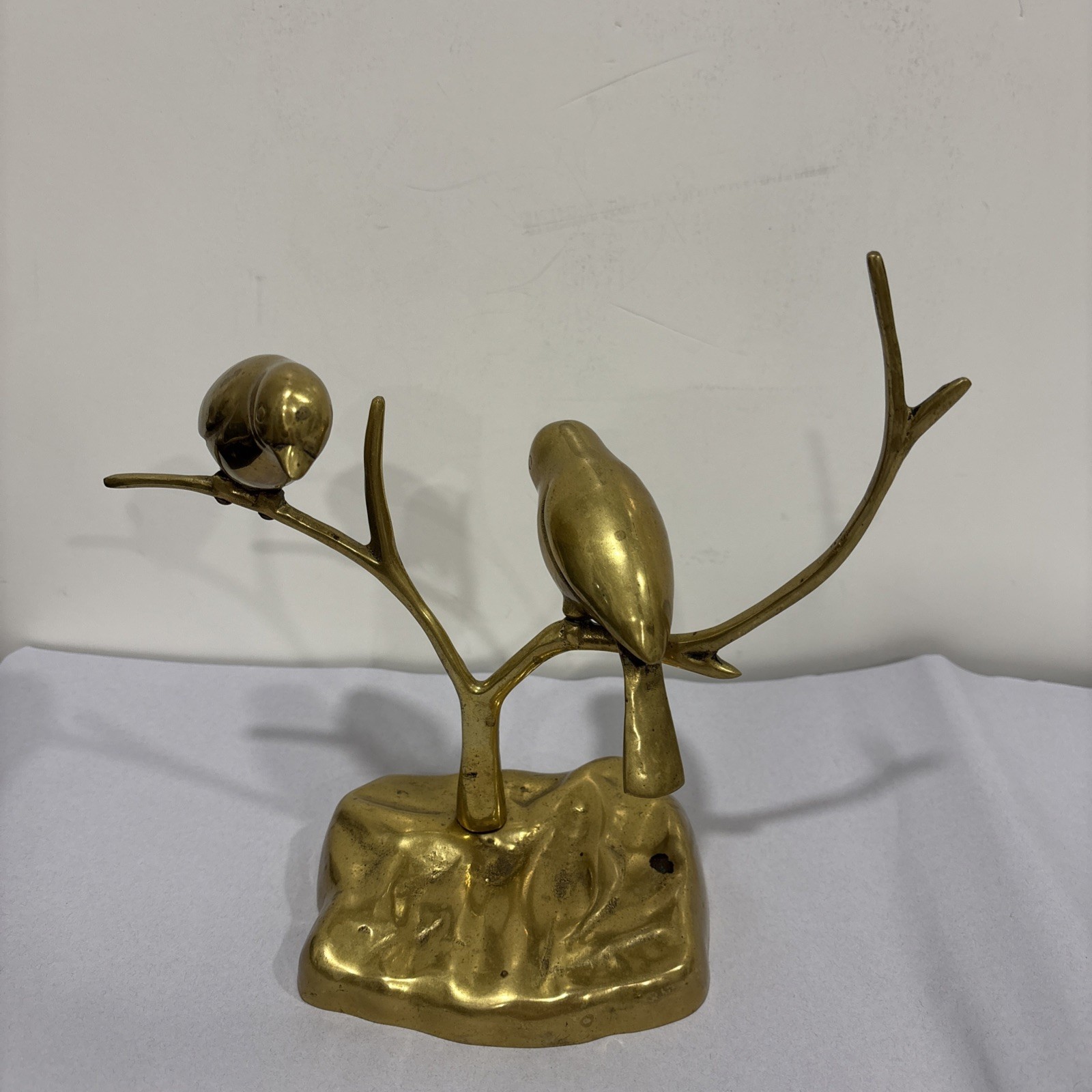 Vintage Solid Brass Birds Perched on Tree Branches on a Textured Base 8” Tall 