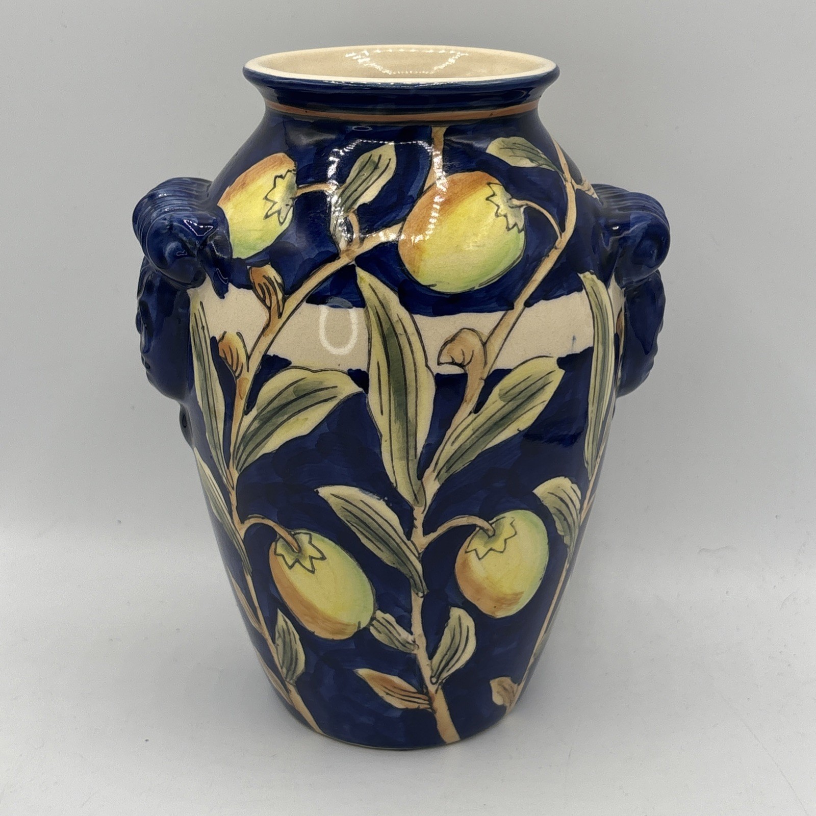 Hand-Painted Majolica Vase – Cobalt Blue with Citrus Motif & Decorative Handles