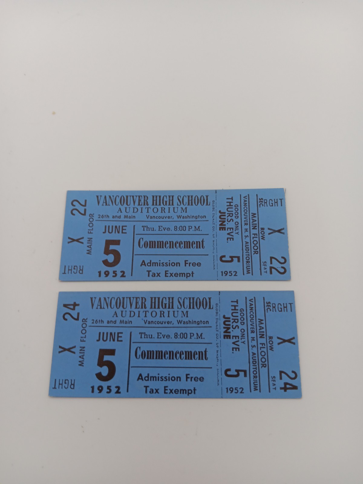 Vintage Tickets Vancouver High School Commencement June 5, 1952