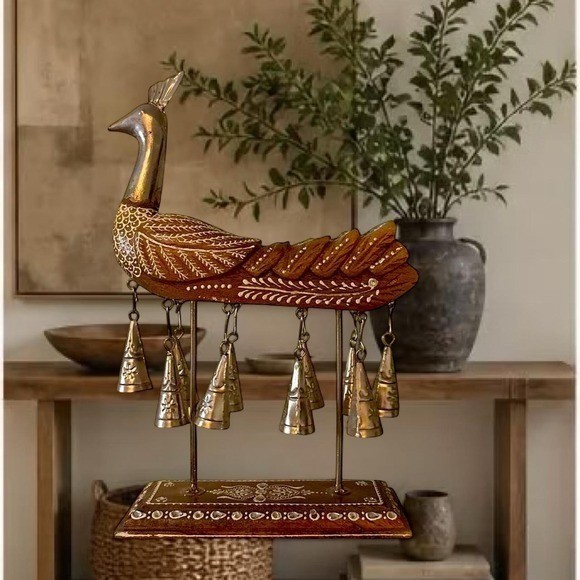 Unique handmade carved wooden peacock with bells