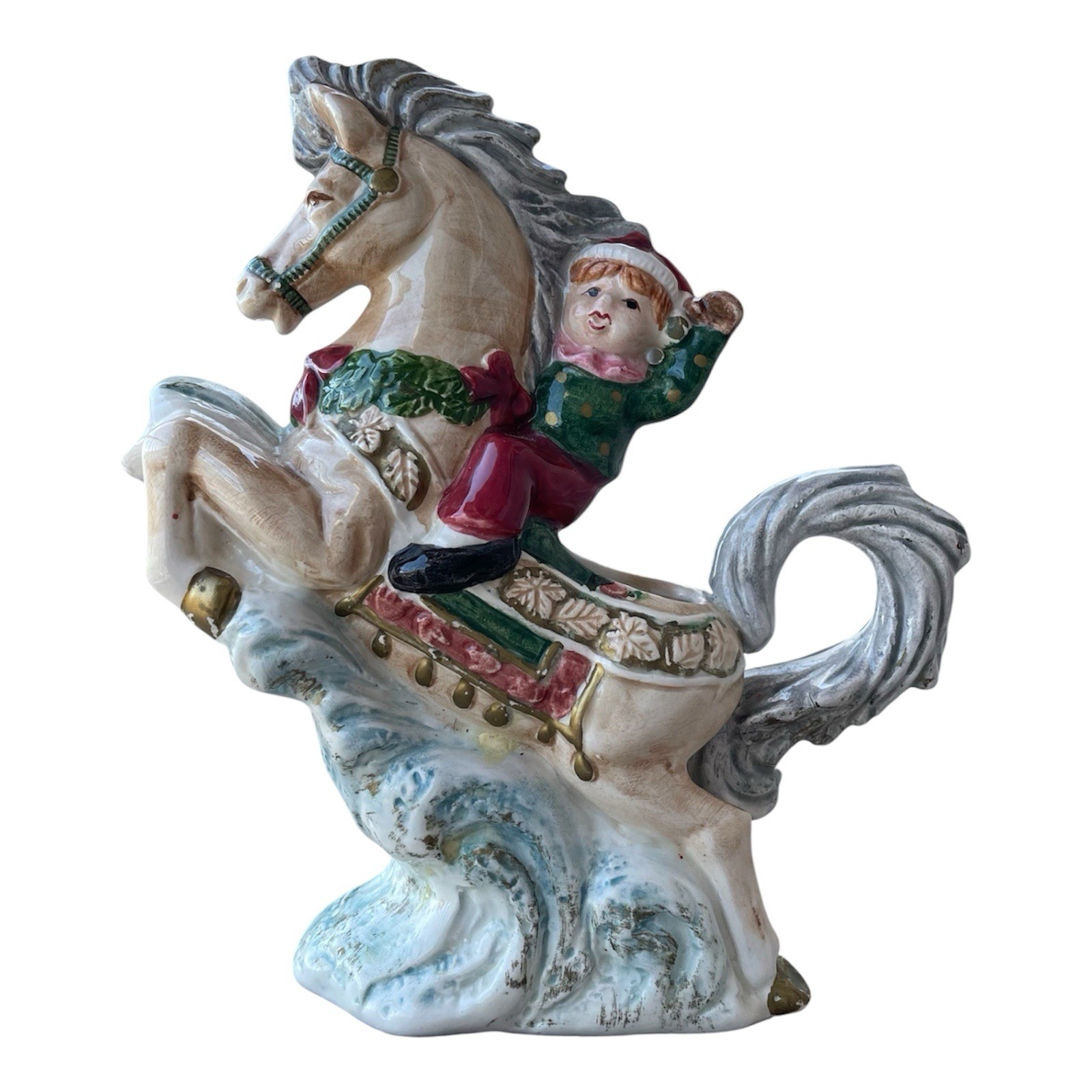 Vintage Fitz And Floyd Christmas Creamer - Happy Elf on Horse - Omnibus 1995