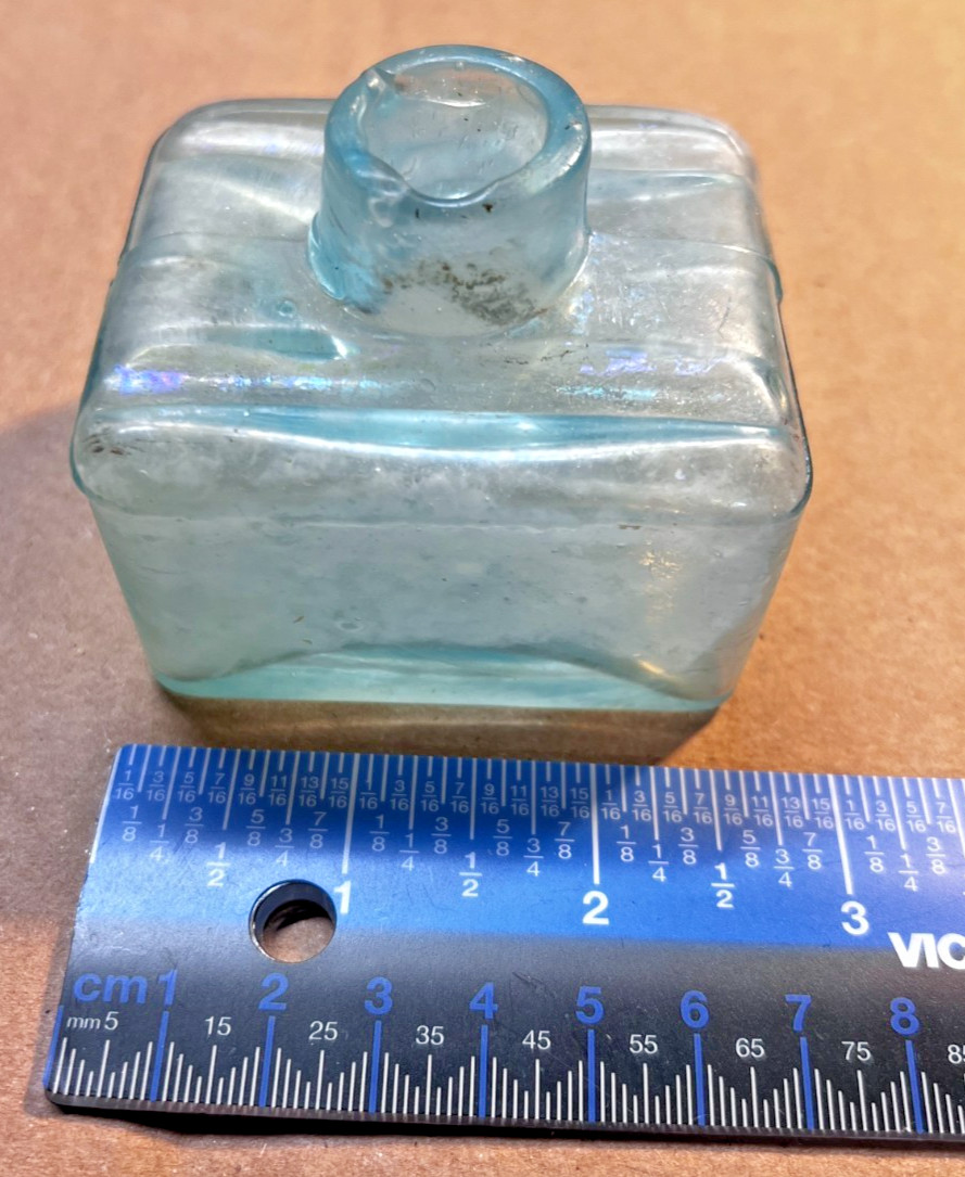 Antique Rectangular Aqua Ink Bottle w/ Built in Pen Quill Rests Antique Rectangular Aqua Ink Bottle w/ Built in Pen Quill Rests