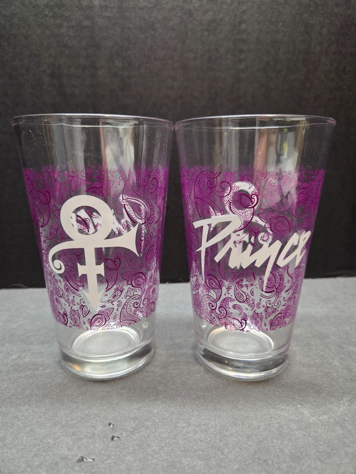 SET OF 2 NEW ARTIST FORMALLY KNOWN AS PRINCE SYMBOL 16 OZ PURPLE PAISLEY GLASSES