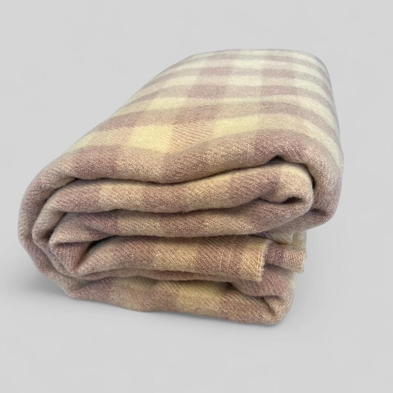 Vtg 1970s Wool Gingham Plaid throw blanket pink cream checkered neutral cozy