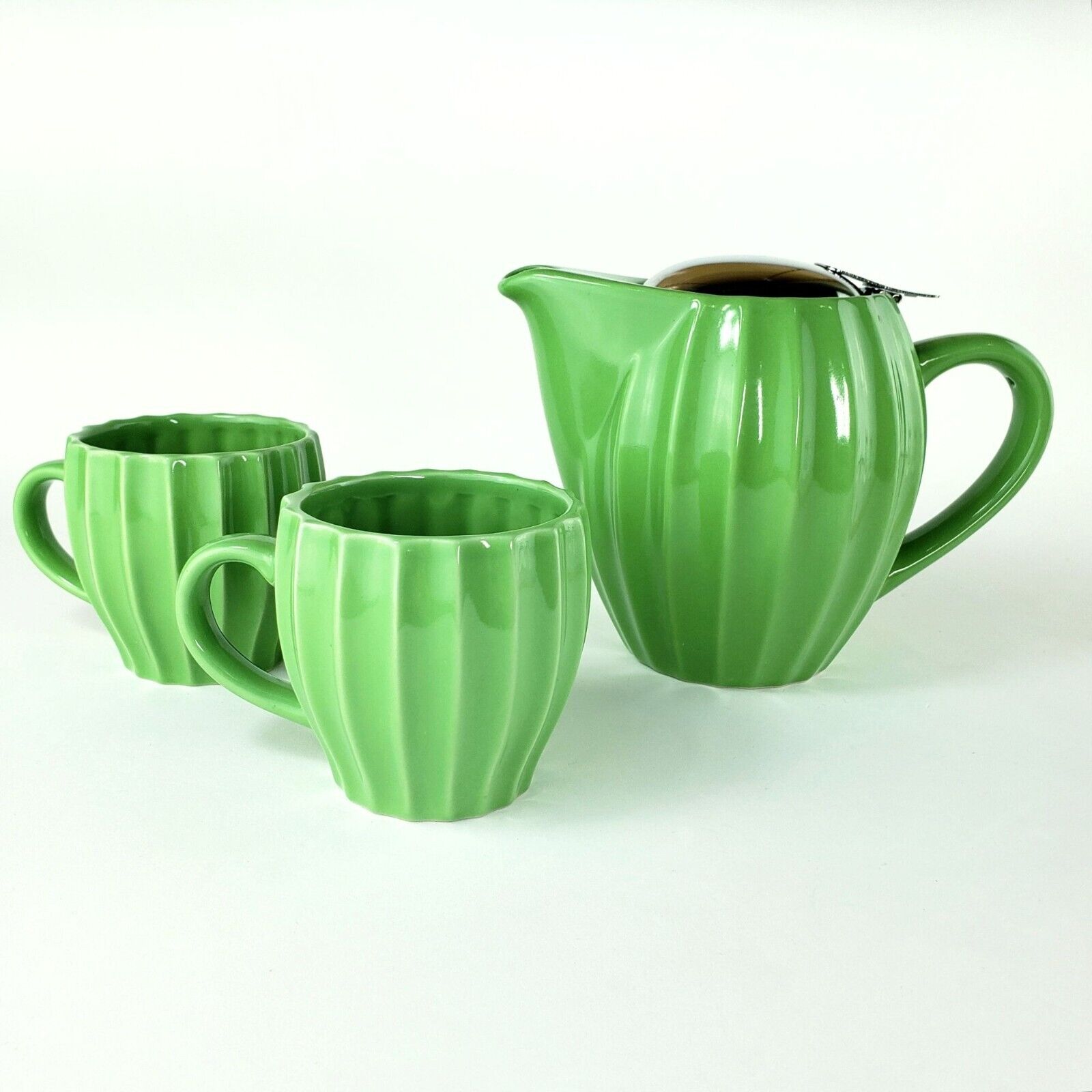 HUES N BREWS Textured Ribbed Jade Green Coffee Tea Pot Set with 2 Mug Cups