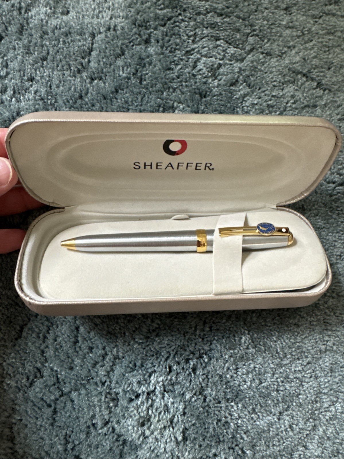 Shafer Fountain Ink Pen, Chrome W/ Gold Trim, Original Case Bank Of America -A
