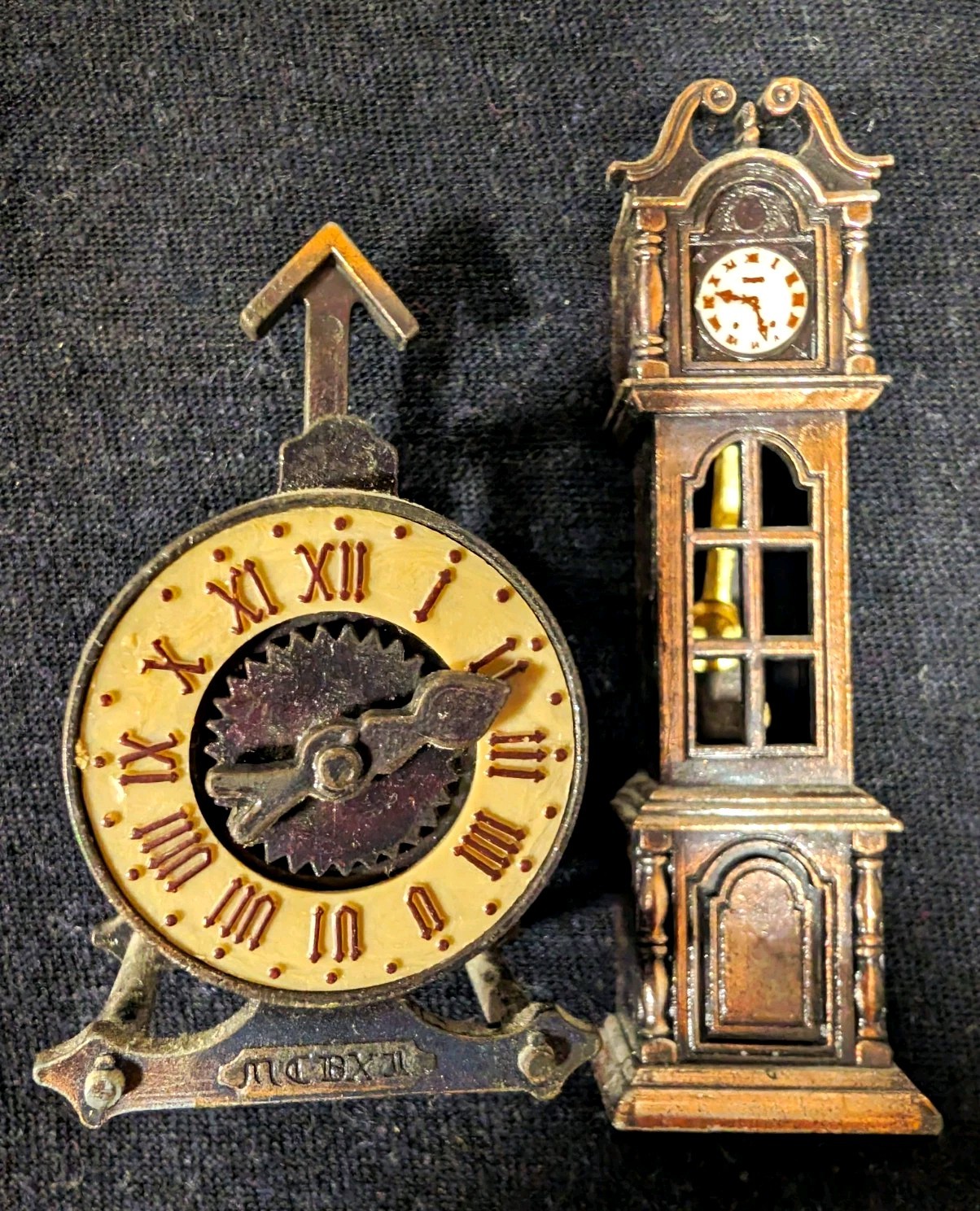 Lot of 2 Miniature Metal Clock Figurines,3D 3in Pencil Sharpener, Vintage Moving
