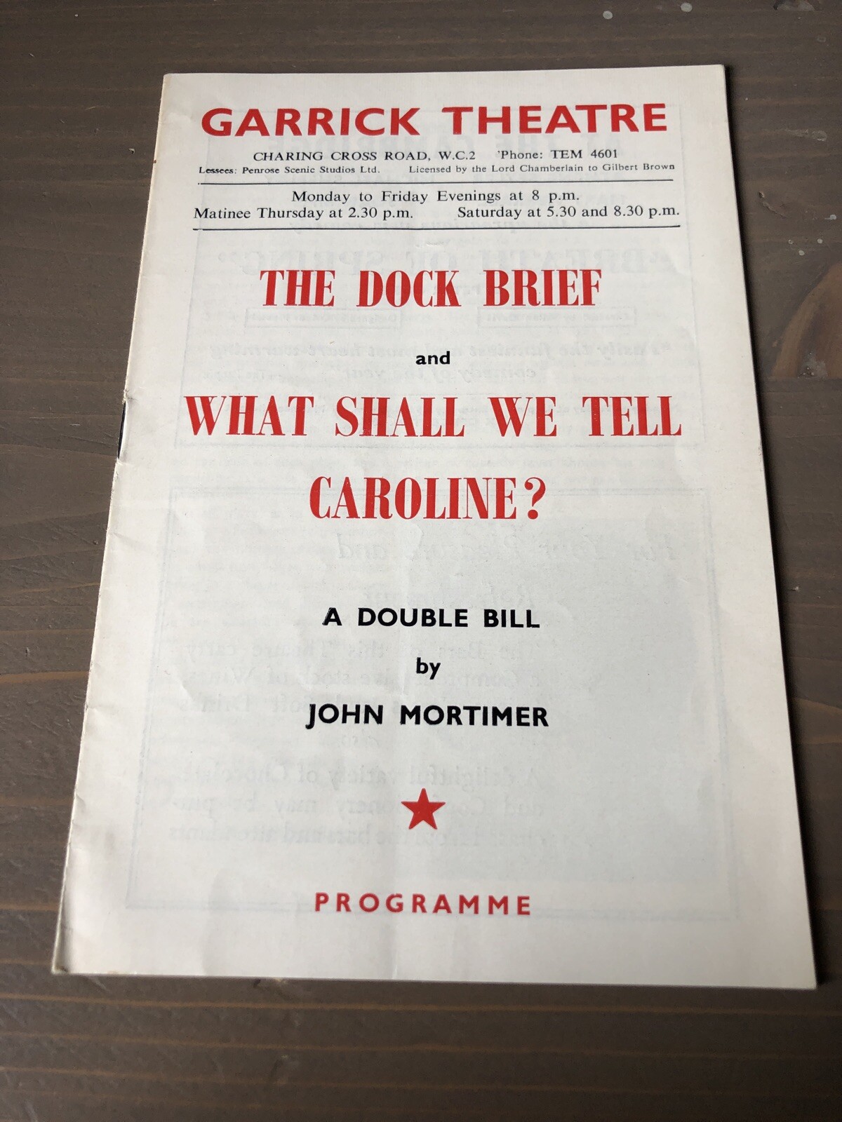 JOHN MORTIMER 1958 Maurice Denham Brenda Bruce Garrick Theatre Programme