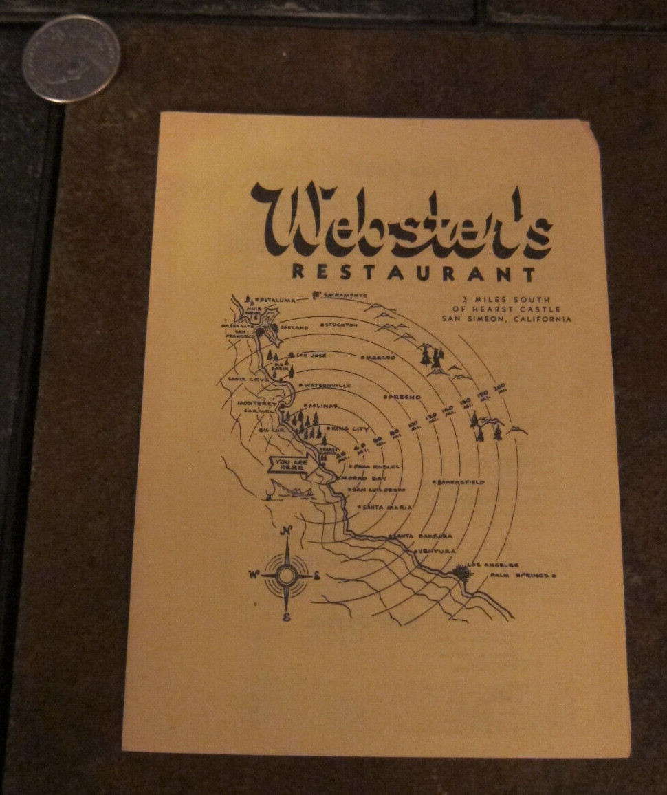 Webster’s  Restaurant San Simeon Ca Paper Menu