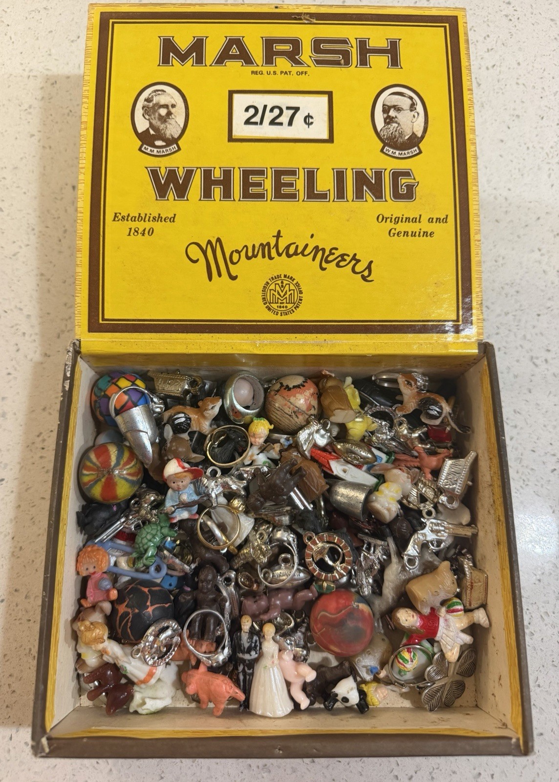 Vtg 120+ Lot Cracker Jack Prize Gumball Machine Toys Trinkets Charms Cigar Box