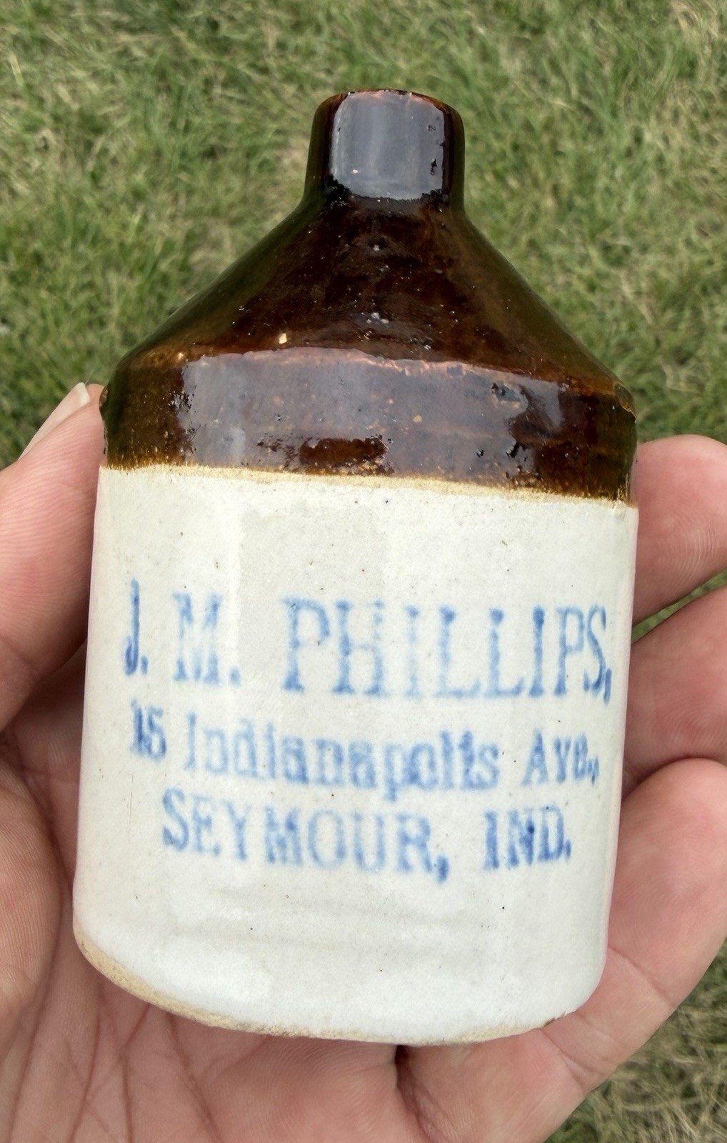 Antique J.M. Phillips Seymour Indiana Mini Jug Saloon General Store Stoneware
