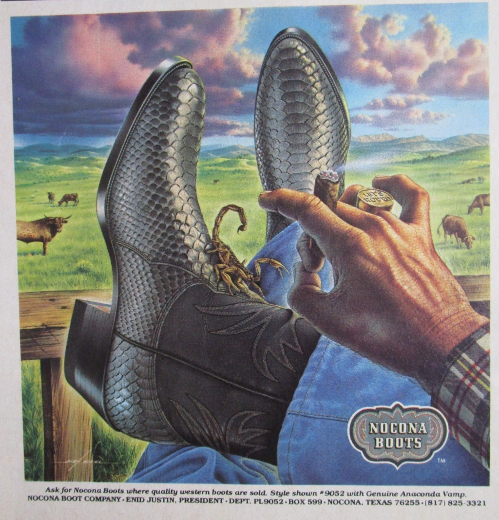 1980 NOCONA Western Cowboy Boots Print Ad ~ SCORPION w/ Alex Ebel Art