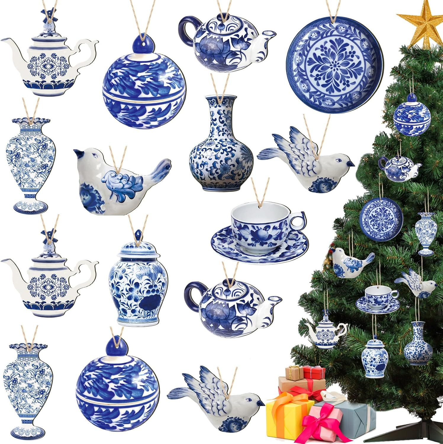 40 Pieces Christmas Chinoiserie Ornaments Blue and White Christmas Wooden Orname