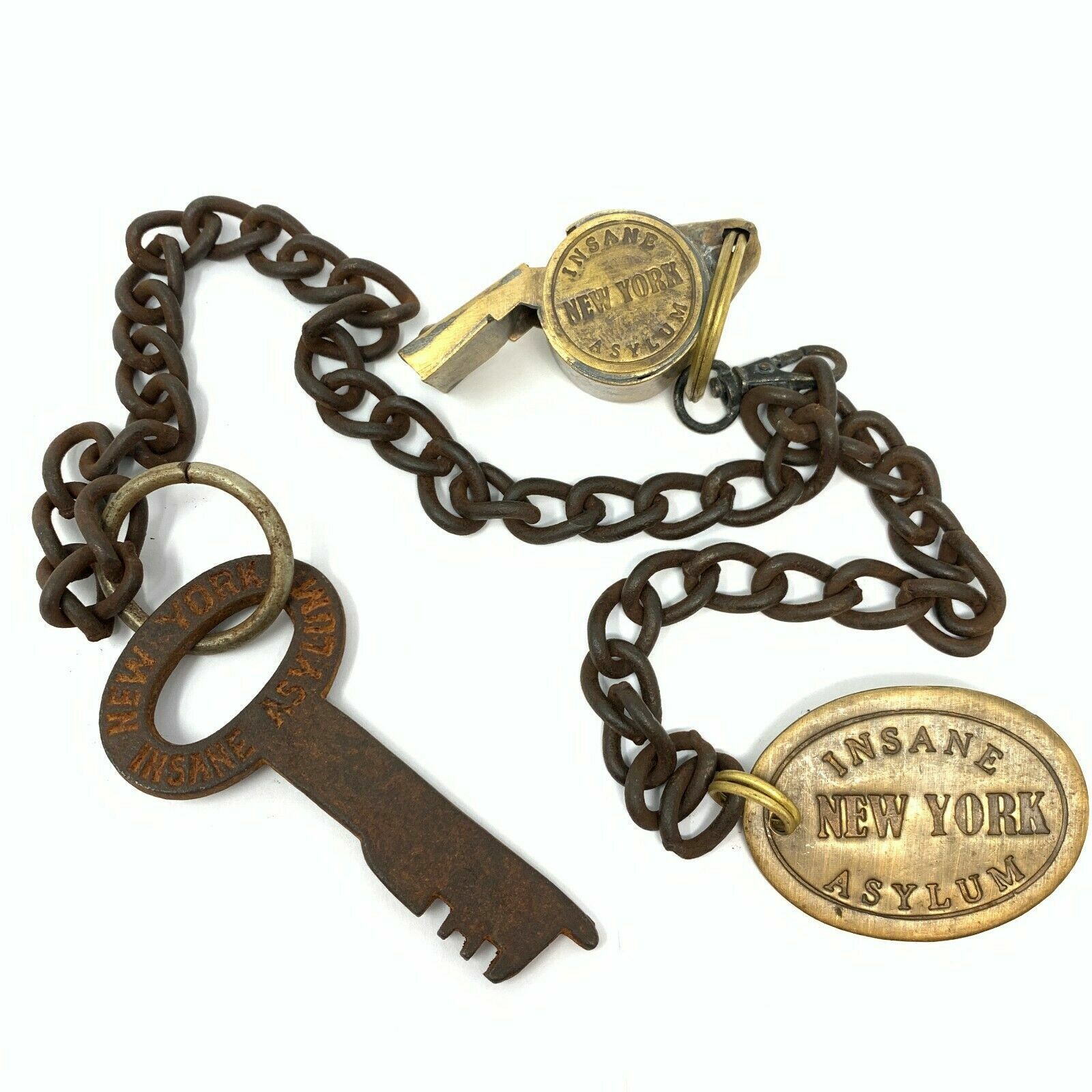 New York Insane Asylum Guard Iron Cell Key, Tag & Solid Brass Whistle  