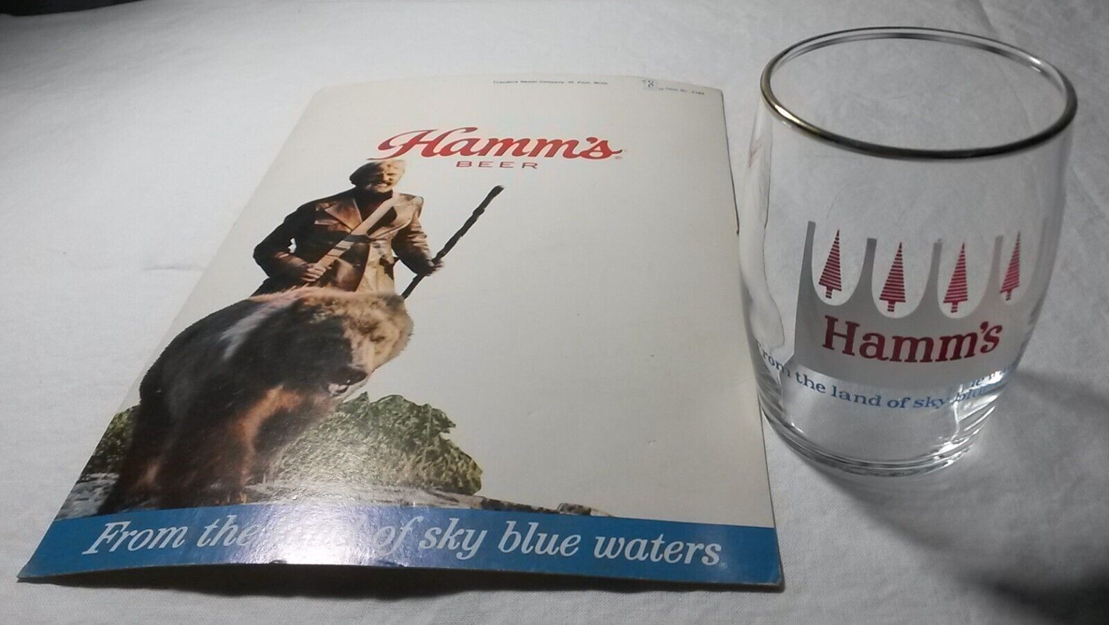 Vintage Hamm's Beer Barrel Glass Red Pine Trees  - Gold Rim & Advertising Label