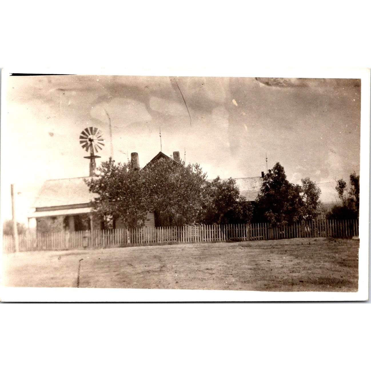 RPPC Postcard Farmhouse Windmill AZO Real Photo Rural Homestead Picket Fence