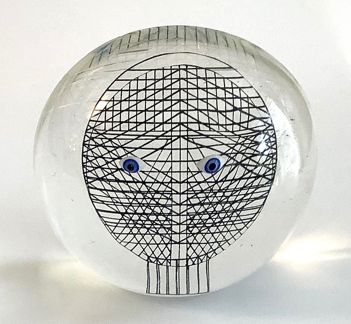 Vintage Merle Edelman Op-Art Lucite Hemispheric Block Face With Blue Eyes