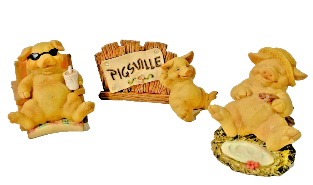 Pig Pigsville Figurines Fishing Pig Sunbathing Pig 1992-93 Lot of 3 Piggies READ