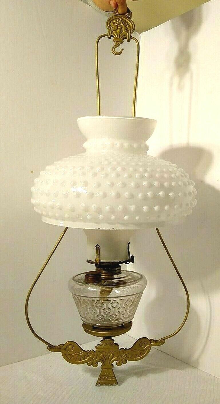 Antique Hanging Kerosene Oil Lamp Brass Frame Hobnail Shade Art Deco 27