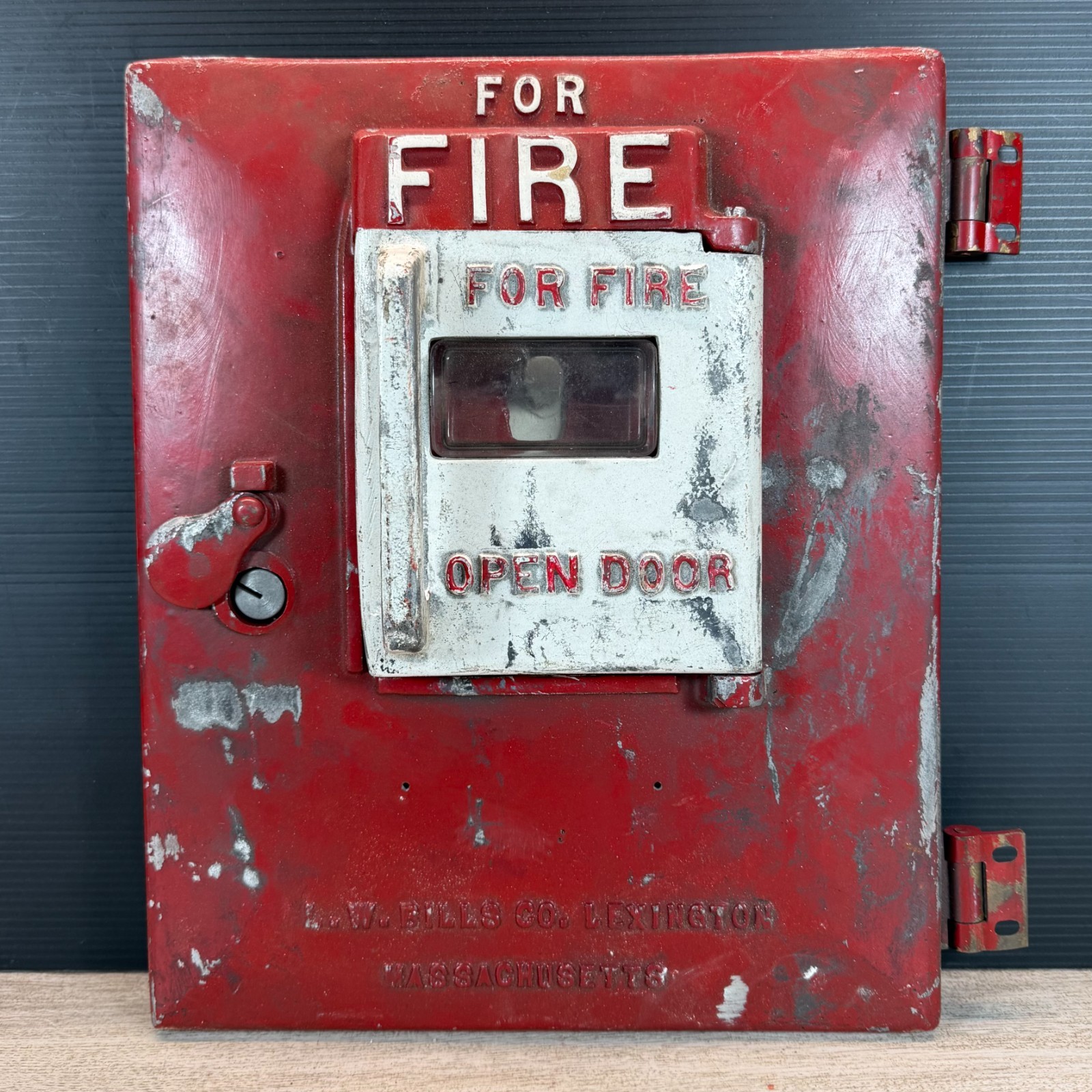 Vintage L.W. Bills Co Fire Alarm Box Faceplate Lexington MA Cast Iron Door Part
