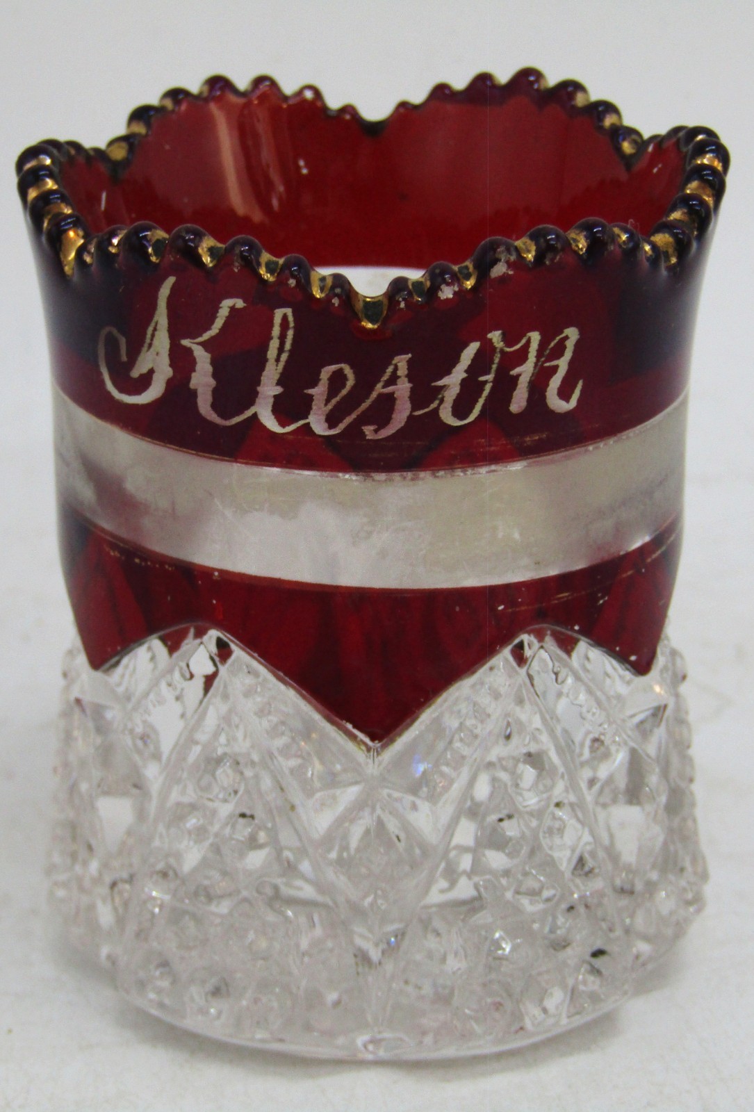 Antique Flashed Ruby Souvenir Glass Toothpick Holder, Etched 